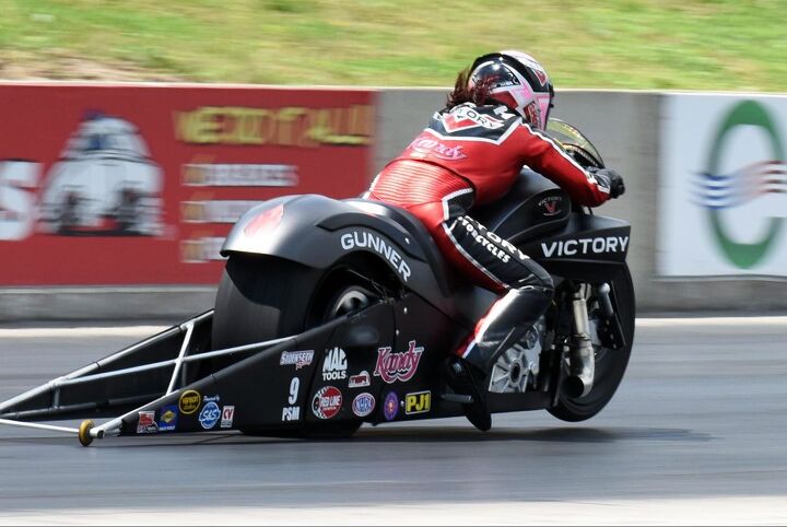 victory isle of man tt zero racer on a dragstrip video, If you ve never seen an NHRA Pro Stock motorcycle launch down a dragstrip you re missing a truly awesome sight Matt and Angie Smith beat the American muscle drum for Victory 1320 feet at a time