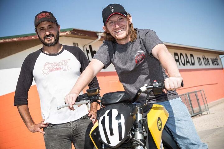 the life electric next gen hot rodding video, Harlan Flagg left and Brandon Nozaki Miller make up two thirds of a crew trying to push electric motorcycles to new heights