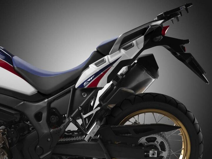 2016 honda africa twin review, Integrated saddlebag mounts means there s no additional expense of purchasing saddlebag brackets The top box does require an additional mount