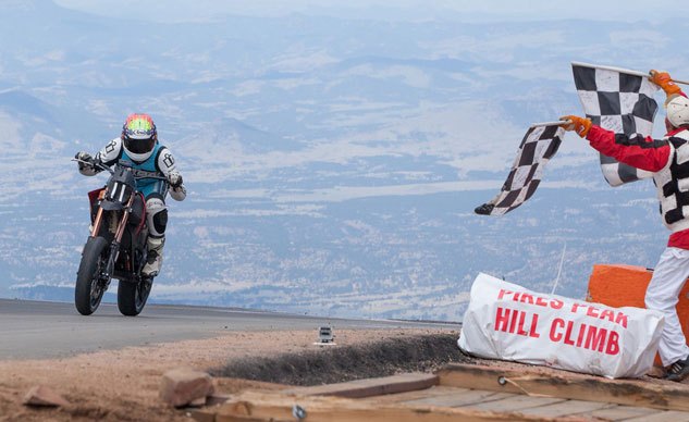 motorcycle com races to the clouds at pikes peak, After the early wake up calls and a broken foot never has taking the checkered flag felt so sweet Photo Rob Miskowitch