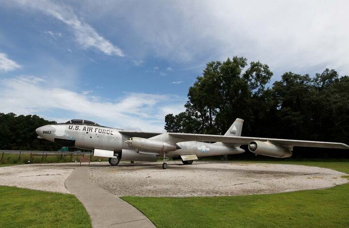 the wings tour 2014 leg three video, This Cold War era Boeing B 47 Stratojet on display on the grounds of the National Museum of the Mighty Eighth Air Force Museum is visible from Interstate 95 near Savannah Ga