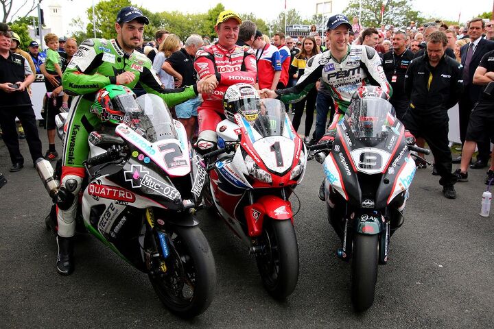 2015 isle of man tt wrap up video, John McGuinness won his 22nd and 23rd TT races including the Senior TT James Hillier left was second in the Senior TT while third place finisher Ian Hutchinson right completed a remarkable comeback from a serious injury to win three TT races