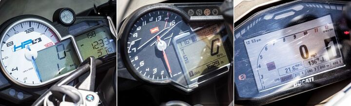 2013 exotic superbike shootout track video, When it comes to gauge displays and user interfaces Ducati right has hit a home run with its full color TFT display Compared to the BMW left and Aprilia center it s easy to see the difference in visibility and clarity