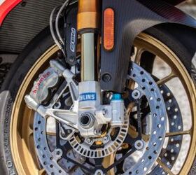 2013 exotic superbike shootout track video, Only in a test like this would Aprilia s analog Ohlins suspension bring up the rear of the pack It may be last but it s by no means least They more than hold their own against the Ducati and BMW electronic units Note also the RSV4 s new Brembo calipers and ABS ring