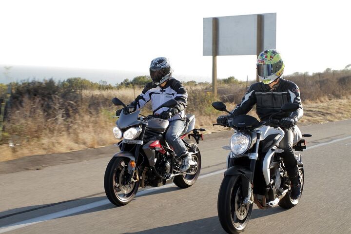 2013 mv agusta brutale 675 vs triumph street triple r video, With a slightly longer reach to the handlebars the Triumph s rider triangle isn t as compact as the MV s The Brutale s seat also has sharp edges making it feel as though it was invented by a stylist rather than a test rider