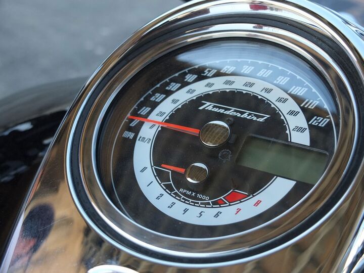 2013 world cruiser shootout video, The Thunderbird s compact speedo numerals are hard to read And unless you re concerned with your idle speed you can forget about getting any useable info from the dangling needle tach
