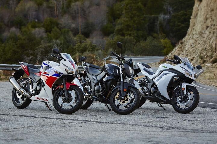 sub 300cc sporty bike shootout video, The SYM middle is really a naked bike while the CBR and Ninja are fully faired but all three share an excellent nearly upright seating position