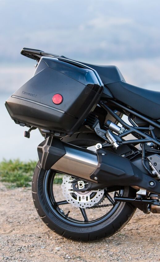 land of the roosting sun four far flung adventure bikes from japan, The Kawi s the biggest bike here with the biggest bags included in the lowest price of 12 799 Note also the remote preload adjuster centerstand