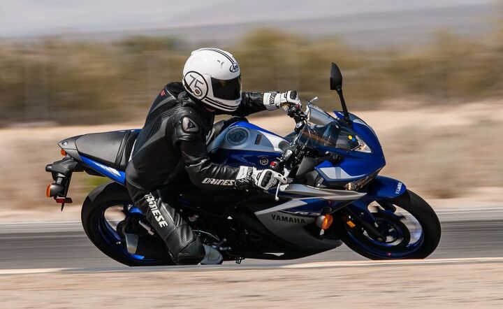beginner ish sportbike shootout video, Burns declaring his age right there on his Arai ok not really felt confident enough to whip the R3 around Chuckwalla largely due to the capable chassis and suspension The Pirelli tires helped a lot too With the stock Michelin Pilot Street rubber the rear tends to chatter rather easily at the track