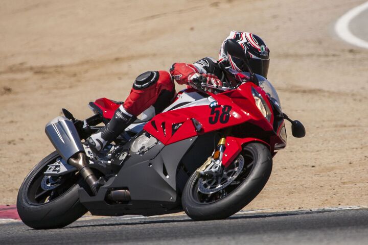 2015 six way superbike track shootout video, Despite that huge exhaust canister sticking out the side of the BMW it still emits a ferocious four cylinder roar when you open it up