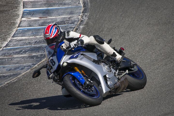 2015 six way superbike track shootout video, Get the crossplane crank spinning on the R1 and the sounds it makes are truly captivating