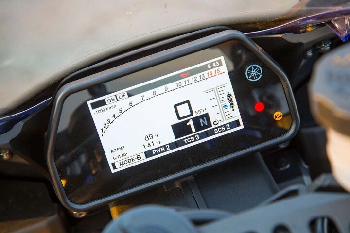 2015 six way superbike street shootout video, The gauge cluster is bright colorful and informative I find that its menus and buttons are pretty easy to navigate too much more so than the Duc s says Siahaan With an average 29 7 mpg the R1 recorded the worst fuel economy even running out of fuel during our first group fuel stop Yamaha claims a capacity of 4 5 gallons ours was filled to the filler neck on its sidestand after 4 25 gallons