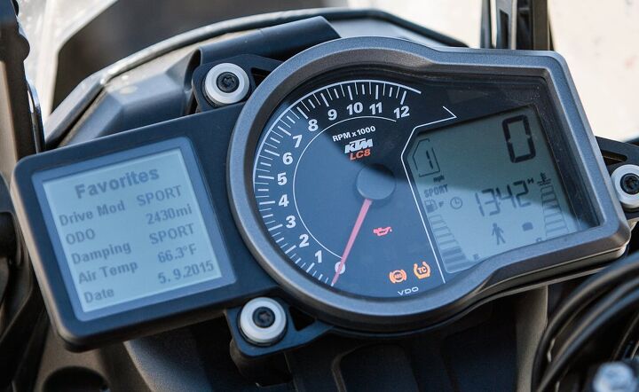 2015 ultimate sports adventure touring shootout, KTM Super crasher Brasfield says the ease of changing modes on the 1190 made him more prone to switching through them to test them out I also like the user adjustable Favorites screen he notes since we all want to track different things on our bikes