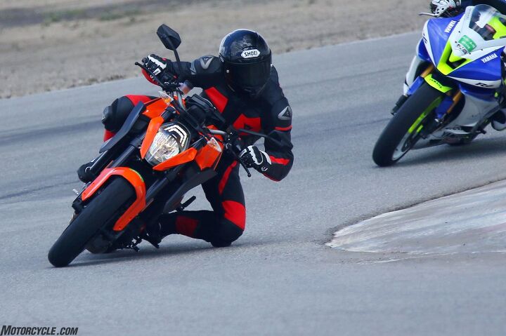 2016 ultimate streetfighter shootout, Footpeg clearance was an issue I mentioned during the Super Duke R s media launch at the Ascari Race Resort in late 2013 WP racing suspension and adjustable footpegs from KTM s PowerParts catalog greatly increase cornering clearance Photo by CaliPhotography