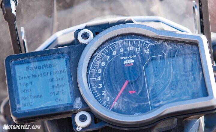 2016 wire wheel adventure shootout, KTM s instrument cluster is simple and accessing the various electronic settings are straight forward once you ve done it a few times The Favorites can be manipulated to display whatever information is pertinent to your situation