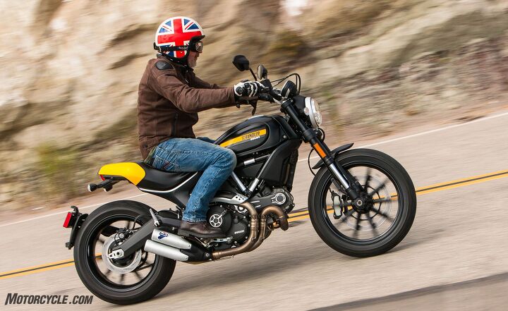 heritage lifestyle characters compete on cool factor, Disregard the Union Jack on JB s lid He s confused The Ducati Scrambler is all Italian Well if you disregard the built in Thailand thing