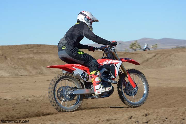 honda crf450r vs husqvarna fc450 vs kawasaki kx450f vs ktm 450 sx f vs suzuki, Some of our test crew felt that the CRF suspension was a little on the soft side but it was well balanced and very easy to dial in for any terrain