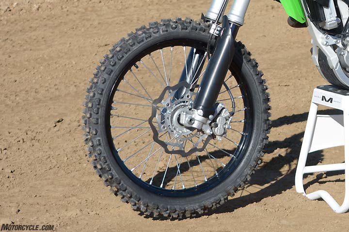 honda crf450r vs husqvarna fc450 vs kawasaki kx450f vs ktm 450 sx f vs suzuki, The 270mm rotor on the Kawasaki KX450F is tied with the Yamaha for the largest in the class Even so our testers were looking for more power out of the Kawasaki s front brake