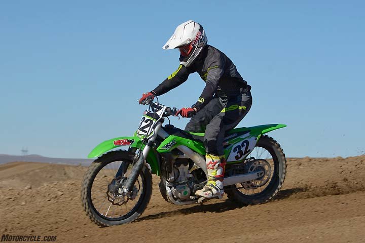 honda crf450r vs husqvarna fc450 vs kawasaki kx450f vs ktm 450 sx f vs suzuki, The KX450F s suspension drew mixed reviews during testing The consensus is that the Showa SFF TAC air fork is stiff over small bumps and is hard to bring into balance with the KX s plush Uni Trak rear end