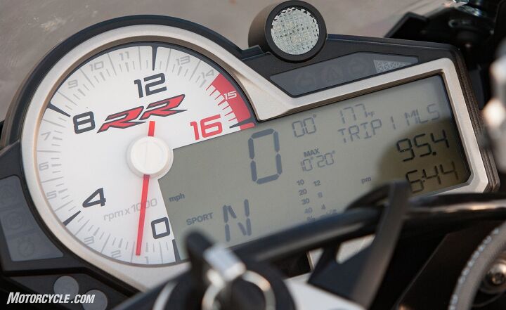 2017 superbike street shootout, The non color non TFT display with analog tach is showing its age among the flashy color new stuff but still clearly conveys the information required