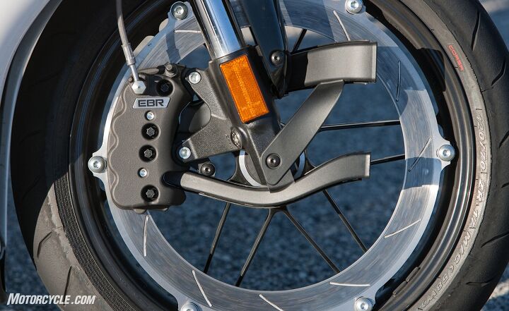 2017 superbike street shootout, For street use the EBR s trend bucking single large rim mounted disc and reverse caliper provide suitable braking performance