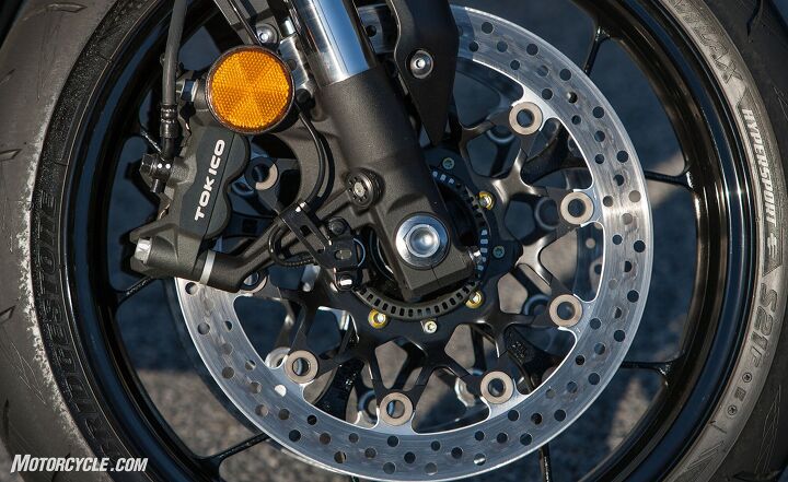 2017 superbike track shootout, Tokico calipers don t jump out as wheel jewelry like our beloved Brembo M50s but the radial mount two piece clampers and 320mm discs performed better than we expected Great stopping power as well as feedback at the lever
