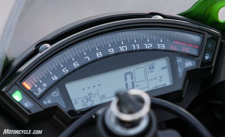 2017 superbike track shootout, The Ninja s gauges are dated when compared to the full color TFT displays of some of its competitors but the rainbow tachometer sweeping across the top of the cluster is one of the most easily visible tachs here I love its big bar graph tach it s the only one I ever have time to look at says Burns