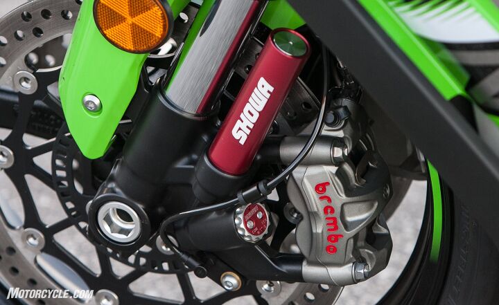 2017 superbike street shootout, Brembo M50 calipers fully adjustable Showa Balance Free fork and 90 degree valve stems speak volumes of Kawasaki s attention to quality and details