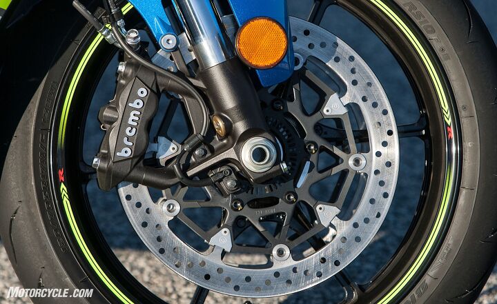 2017 superbike track shootout, They re not our beloved M50 calipers but they are Brembo monoblocks and none of the testers complained about the stopping performance of the Suzuki