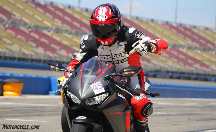 2017 superbike track shootout, Leaving the track after his first ride aboard the Honda Evans excitedly points and exclaims I can t believe it s not butter