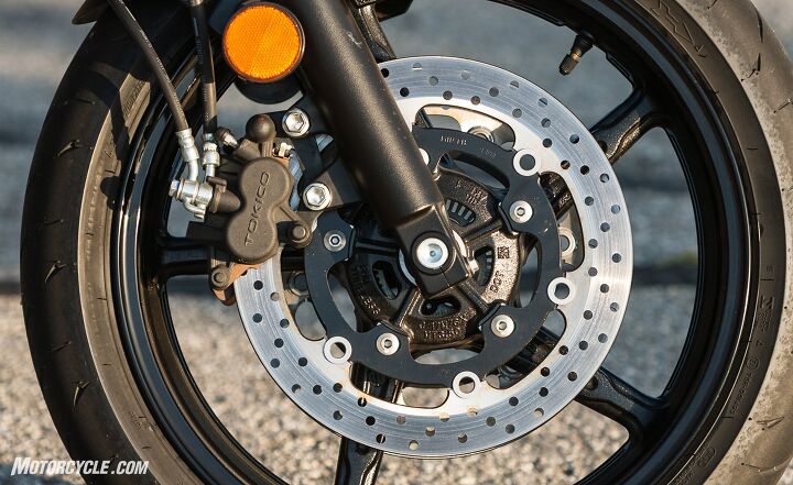 middleweight naked bikes a 2017 shootout, The SV does a lot with what it s got including two piston front calipers riding a classic 41mm fork