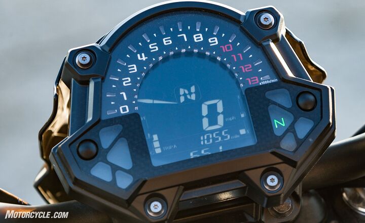 middleweight naked bikes a 2017 shootout, The LCD analog tach reminds me of the clock on my coffee maker While the SV and FZ keep building power past 10 000 rpm the Z s rev limiter begins kicking in just past 9k