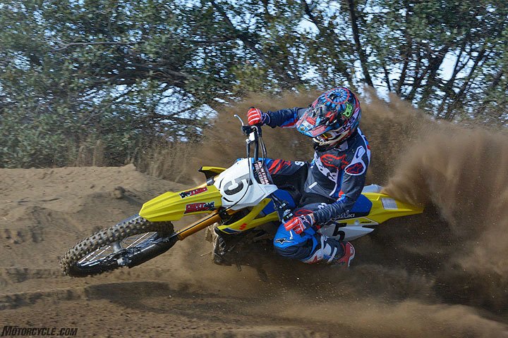 2018 450cc motocross shootout, The RM Z450 s slim chassis still retains Suzuki s classic cornering prowess It goes wherever you point it