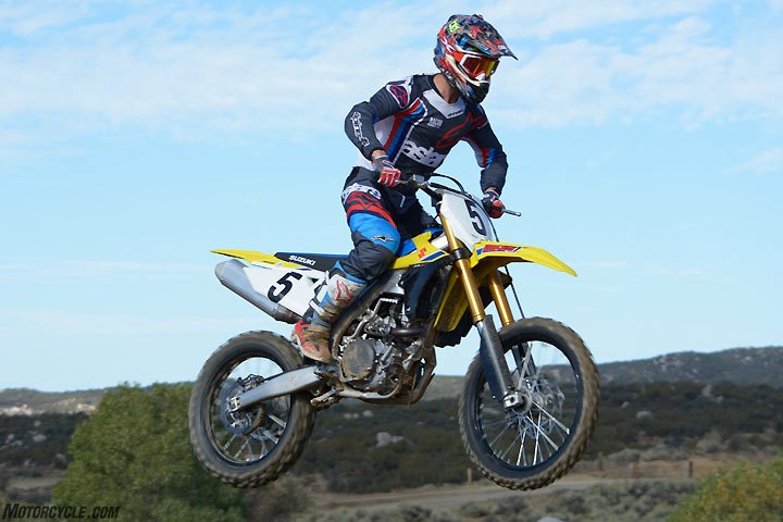2018 450cc motocross shootout, Suzuki s decision to abandon its air fork in favor of a Showa coil spring fork was a good one Out back however its BFRC shock absorber could use more refinement
