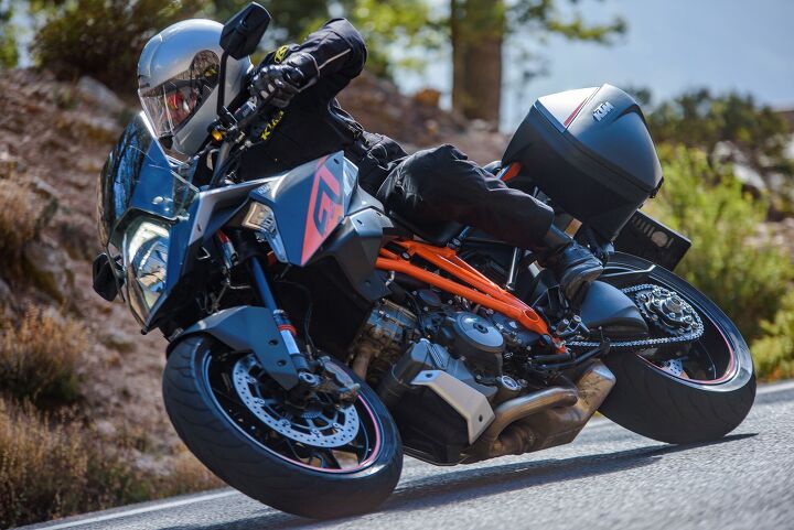 2017 ktm 1290 super duke gt first ride review, The Super Duke GT is equipped with Pirelli Angel GT tires rather than the Dunlops of the SDR Cornering clearance is generous for a bike in the sport touring category