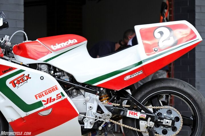 1987 bimota yb5 racer tested on track, The rear shape of the fuel tank cover stops the rider fully getting forward on the bike but is an original character of the YB5 so Rex is undecided whether to remove it or not