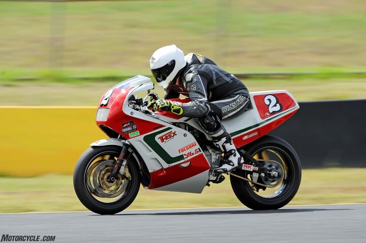 1987 bimota yb5 racer tested on track, Tucked in at the Eastern Creek front chute approaching the 165 mph mark not far off a modern superbike