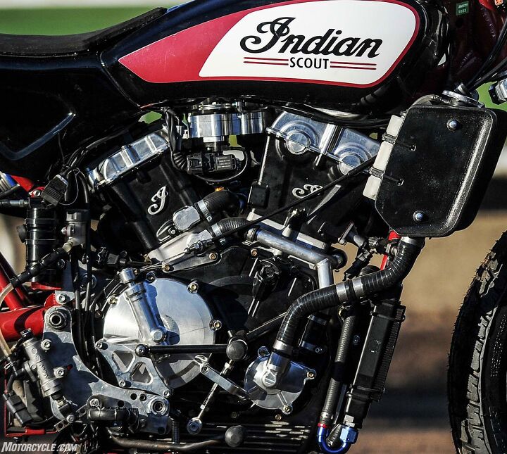 indian scout ftr750 ride review, Blending old school and new tech the Scout s liquid cooled 53 degree DOHC eight valve V Twin is capable of making over 110 horsepower while revving safely past 10 000 rpm The engine weighs around 106 lbs
