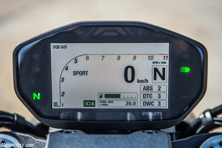 2017 ducati monster 1200s first ride review, The TFT instrumentation is crisp and remained clear during our sunlit ride Seen here is the display in Sport mode The Touring and Urban modes have their own arrangements of info Navigating the menus via pleasing switchgear is only frustrating the first time through them