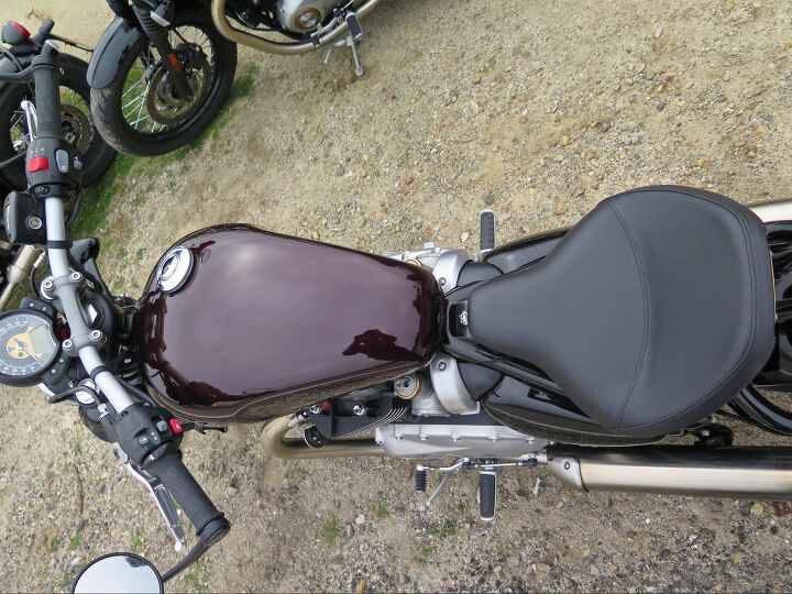 2017 triumph bonneville bobber first ride review, She s nice and thin between the knees but the comfy seat can accommodate wide and tall loads