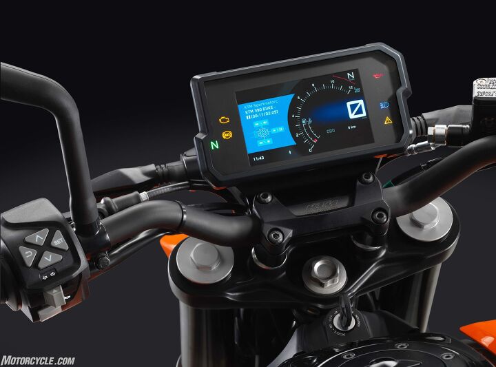 2017 ktm 390 duke review, Navigating menus is fairly intuitive via new left side backlit switchgear borrowed from the 690 Duke That tapered handlebar is now steel rather than aluminum a cost concession to help offset costlier bits like the thin film transistor instrumentation seen here in its nighttime background and with the My Ride menu