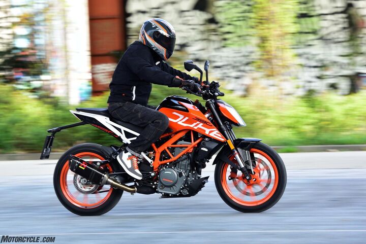 2017 ktm 390 duke review, Five foot 8 Duke fits comfortably on the 390 Duke Taller riders at the launch praised the altered riding triangle that better accommodates long legs The KTM riding gear is thanks to Air France which misplaced my luggage until most of the ride was over necessitating an improvised wardrobe all available at your KTM dealer Seen on the bike in these action photos is a carbon Akrapovic slip on replacing the stock muffler available as an accessory from KTM It s nicely only slightly louder than stock and only at the upper reaches of revs