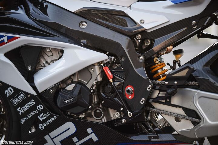 bmw hp4 race first ride review, Trick bits are seen everywhere you look at the HP4 Race including its carbon frame and subframe and the adjustable quickshifter footpegs and swingarm pivot