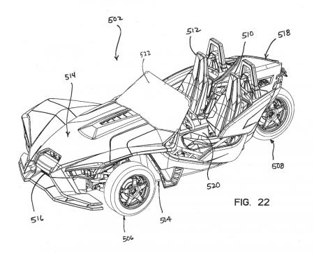 patents reveal polaris developing trike, These sketches reveal a three wheeled reverse trike from Polaris dubbed Slingshot Here you can see the general outline of the vehicle including the seats windshield and front bodywork