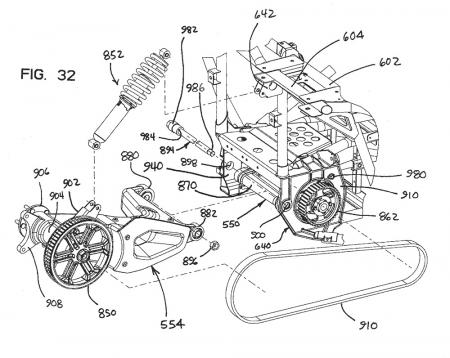 patents reveal polaris developing trike, This rear schematic of the Slingshot gives a closer view of the mounting points for both the swingarm and shock