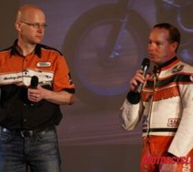 2008 harley davidson xr1200 review motorcycle com, Scott Parker in the leathers is a 9 time AMA flat track champion
