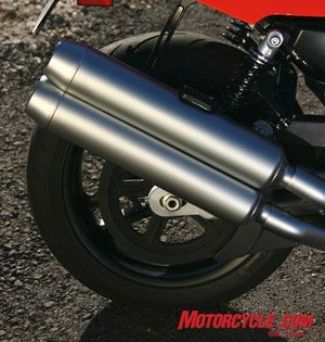 2008 harley davidson xr1200 review motorcycle com, The dual over under up swept exhaust is a signature design item and iconic to the XR1200 s inspiration the XR750 flat track dominator