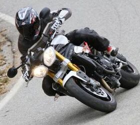 2012 triumph speed triple r review motorcycle com, This is where the hlins suspension and lightweight PVM wheels make their mark The S3R steers quick and is planted throughout any corner