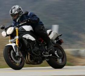 2012 triumph speed triple r review motorcycle com, No matter what you think of the quirky headlights that replace the iconic bug eye lights of the past their shape is quickly forgotten anytime you re twisting the throttle