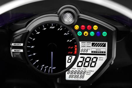 2012 yamaha yzf r1 review video motorcycle com, The gauge cluster looks largely the same except for the addition of a TCS light at the top right The bar graph at the top right of the LCD panel indicates which level of traction control is currently set